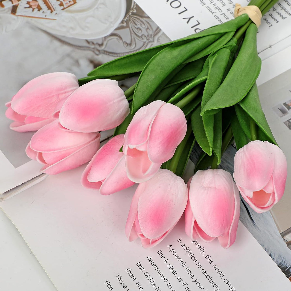 10.6IN Real Touch Artificial Tulips in Ceramic Vase, Faux Tulips Flower Arrangement for Home Office Wedding Party Table Centerpiece Spring Easter Mother's Day Decor, Peach Pink