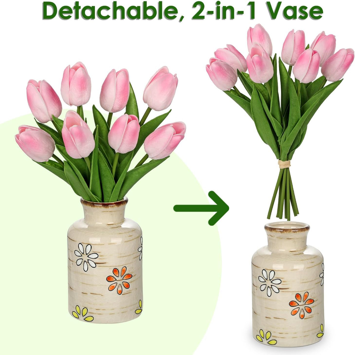10.6IN Real Touch Artificial Tulips in Ceramic Vase, Faux Tulips Flower Arrangement for Home Office Wedding Party Table Centerpiece Spring Easter Mother's Day Decor, Peach Pink