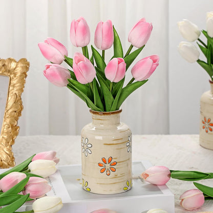 10.6IN Real Touch Artificial Tulips in Ceramic Vase, Faux Tulips Flower Arrangement for Home Office Wedding Party Table Centerpiece Spring Easter Mother's Day Decor, Peach Pink
