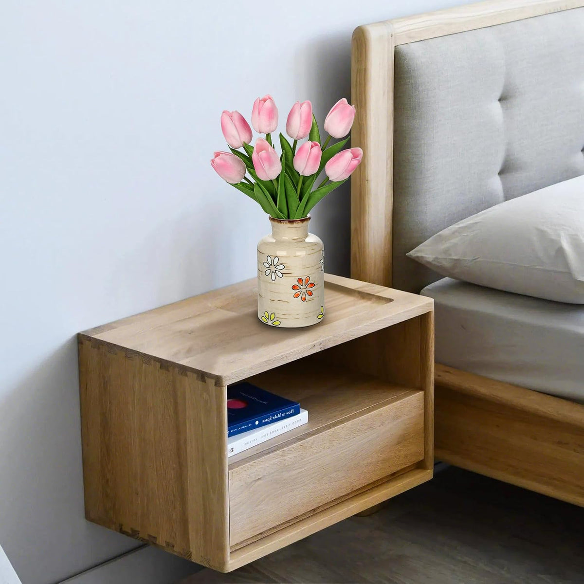 10.6IN Real Touch Artificial Tulips in Ceramic Vase, Faux Tulips Flower Arrangement for Home Office Wedding Party Table Centerpiece Spring Easter Mother's Day Decor, Peach Pink