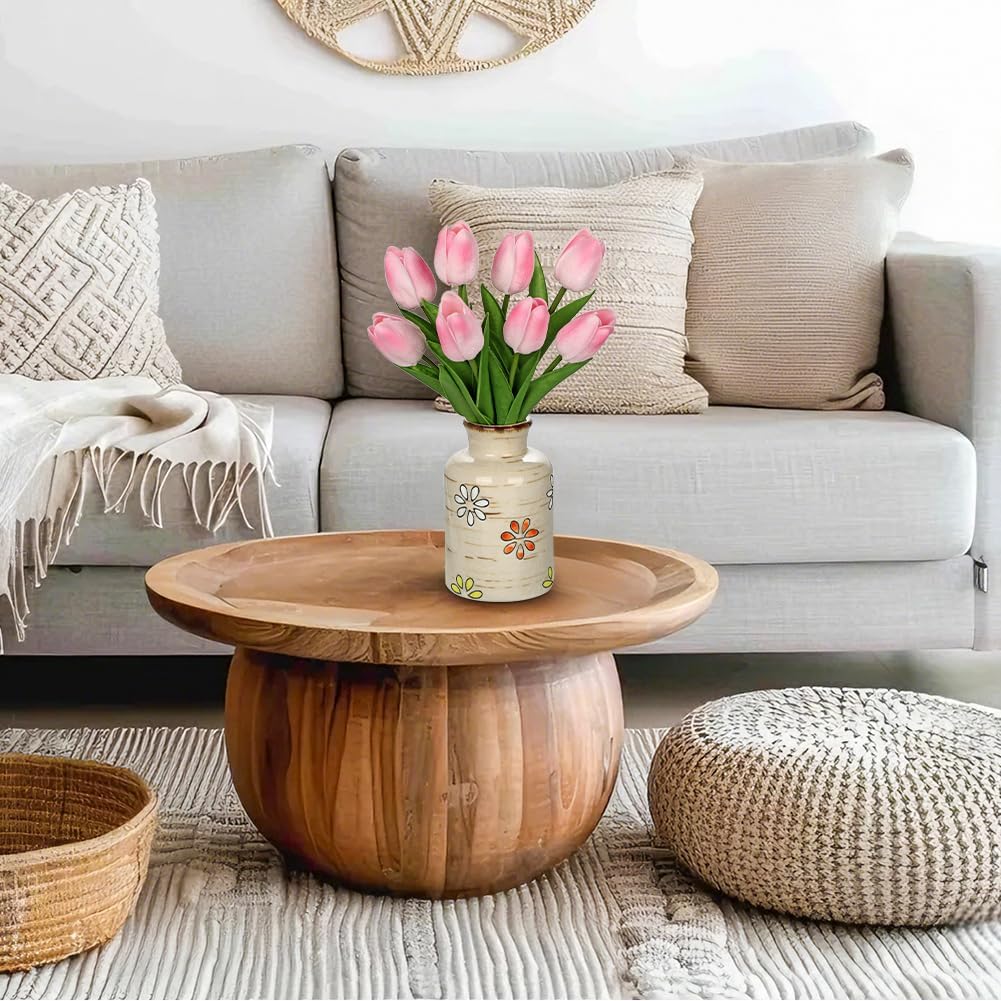 10.6IN Real Touch Artificial Tulips in Ceramic Vase, Faux Tulips Flower Arrangement for Home Office Wedding Party Table Centerpiece Spring Easter Mother's Day Decor, Peach Pink
