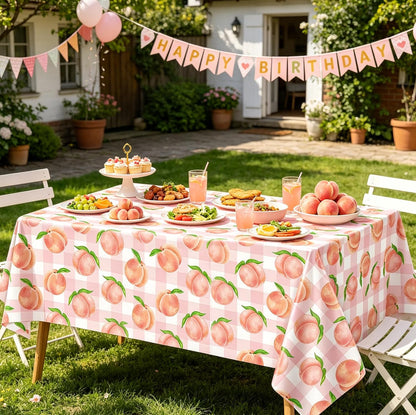 4Pcs Peach Tablecloth Pink Sweet One Peach Girl Summer Birthday Party Decoration 51 x 86 Pink Check Disposable Plastic Table Cloth Dining Room Kitchen Indoor Outdoor Décor (4)