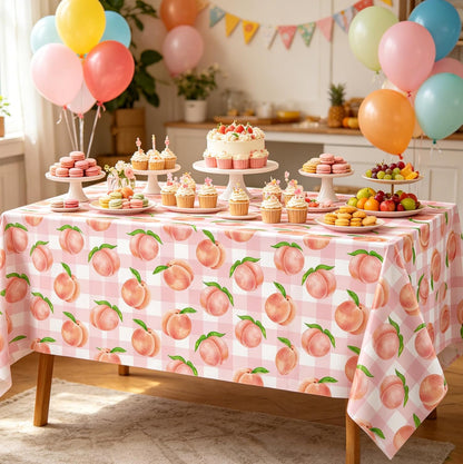 4Pcs Peach Tablecloth Pink Sweet One Peach Girl Summer Birthday Party Decoration 51 x 86 Pink Check Disposable Plastic Table Cloth Dining Room Kitchen Indoor Outdoor Décor (4)