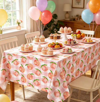 4Pcs Peach Tablecloth Pink Sweet One Peach Girl Summer Birthday Party Decoration 51 x 86 Pink Check Disposable Plastic Table Cloth Dining Room Kitchen Indoor Outdoor Décor (4)