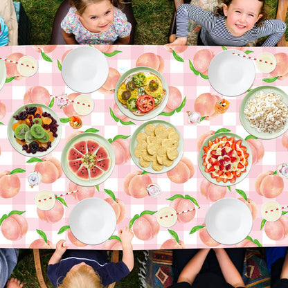 4Pcs Peach Tablecloth Pink Sweet One Peach Girl Summer Birthday Party Decoration 51 x 86 Pink Check Disposable Plastic Table Cloth Dining Room Kitchen Indoor Outdoor Décor (4)