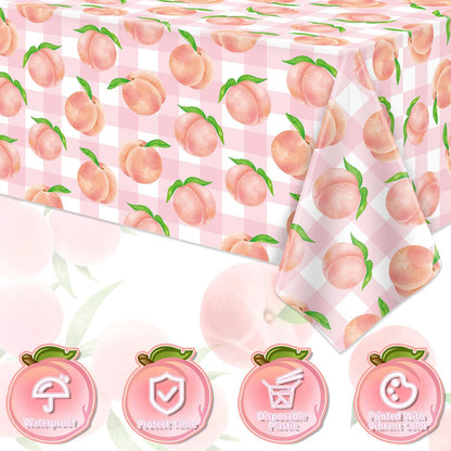 4Pcs Peach Tablecloth Pink Sweet One Peach Girl Summer Birthday Party Decoration 51 x 86 Pink Check Disposable Plastic Table Cloth Dining Room Kitchen Indoor Outdoor Décor (4)