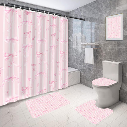 Pink Bow Shower Curtain Set Cute Fun Girls Girly Kids Preppy Princess Pastel Coquette Aesthetic Toilet Lid Cover U Shaped Bath Mat 4 Pcs Decor Bathroom Non-Slip Rug Fabric Polyester 60x72 Inch
