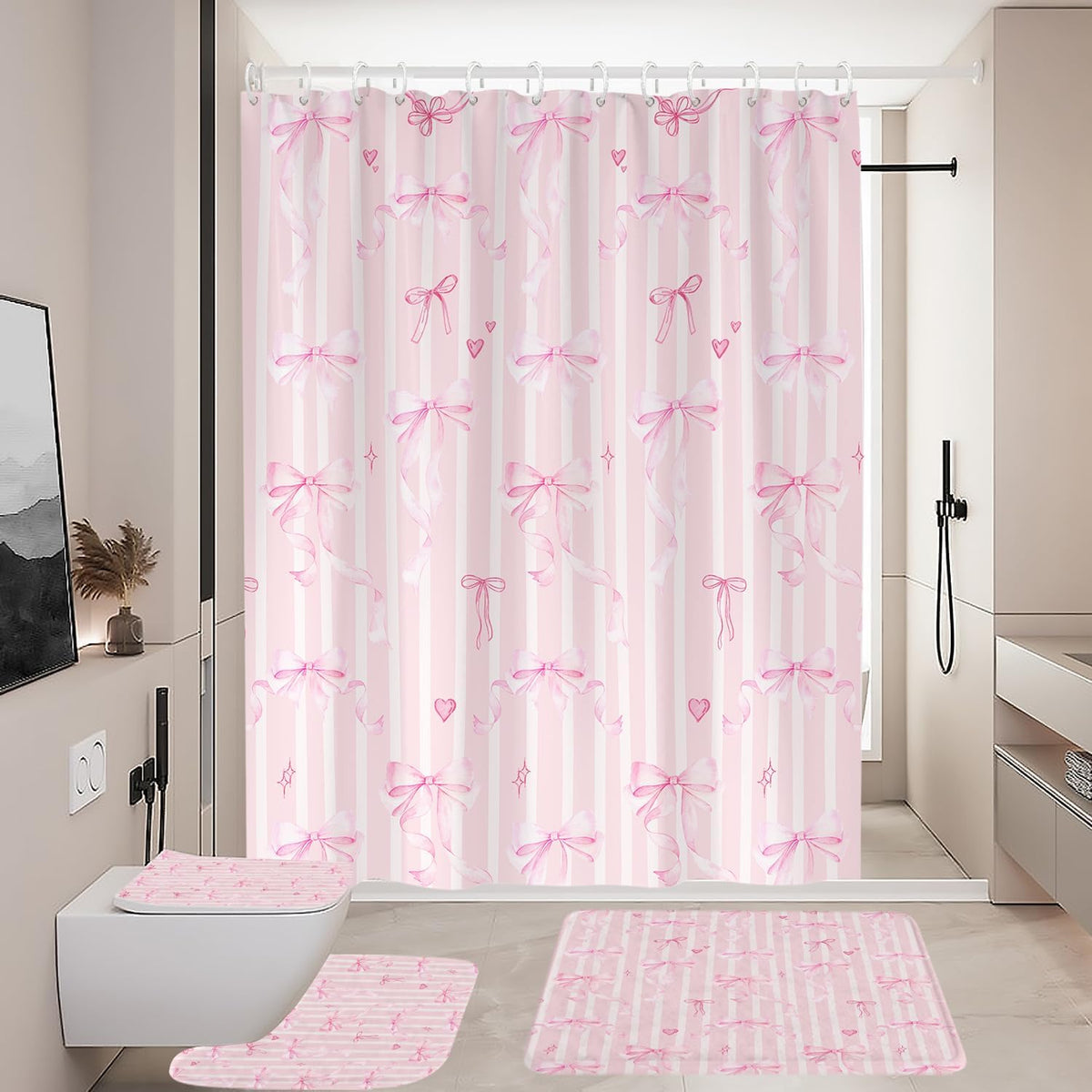 Pink Bow Shower Curtain Set Cute Fun Girls Girly Kids Preppy Princess Pastel Coquette Aesthetic Toilet Lid Cover U Shaped Bath Mat 4 Pcs Decor Bathroom Non-Slip Rug Fabric Polyester 60x72 Inch