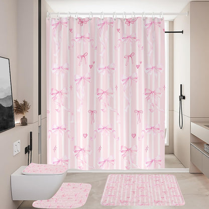 Pink Bow Shower Curtain Set Cute Fun Girls Girly Kids Preppy Princess Pastel Coquette Aesthetic Toilet Lid Cover U Shaped Bath Mat 4 Pcs Decor Bathroom Non-Slip Rug Fabric Polyester 60x72 Inch