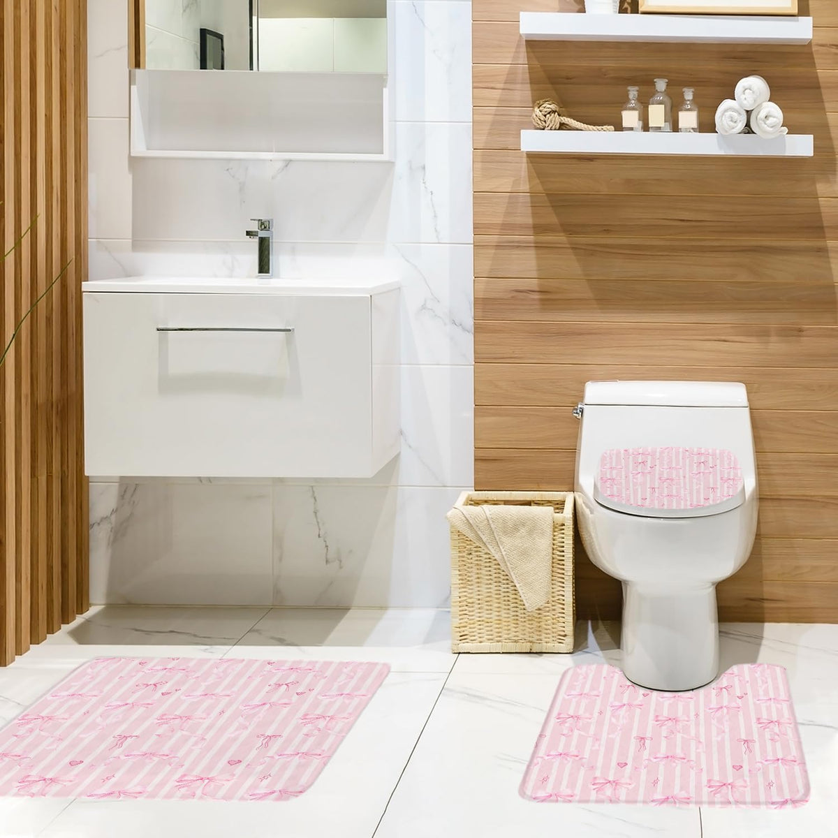 Pink Bow Shower Curtain Set Cute Fun Girls Girly Kids Preppy Princess Pastel Coquette Aesthetic Toilet Lid Cover U Shaped Bath Mat 4 Pcs Decor Bathroom Non-Slip Rug Fabric Polyester 60x72 Inch