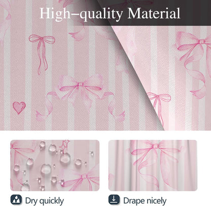 Pink Bow Shower Curtain Set Cute Fun Girls Girly Kids Preppy Princess Pastel Coquette Aesthetic Toilet Lid Cover U Shaped Bath Mat 4 Pcs Decor Bathroom Non-Slip Rug Fabric Polyester 60x72 Inch