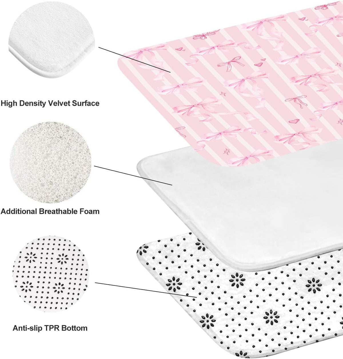 Pink Bow Shower Curtain Set Cute Fun Girls Girly Kids Preppy Princess Pastel Coquette Aesthetic Toilet Lid Cover U Shaped Bath Mat 4 Pcs Decor Bathroom Non-Slip Rug Fabric Polyester 60x72 Inch