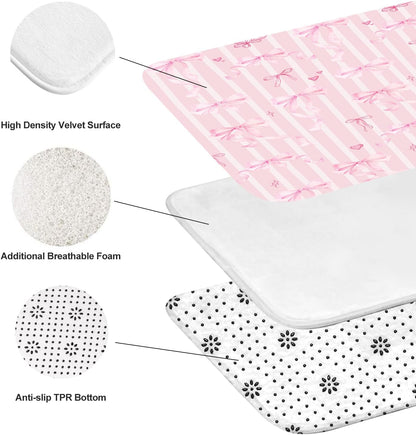 Pink Bow Shower Curtain Set Cute Fun Girls Girly Kids Preppy Princess Pastel Coquette Aesthetic Toilet Lid Cover U Shaped Bath Mat 4 Pcs Decor Bathroom Non-Slip Rug Fabric Polyester 60x72 Inch