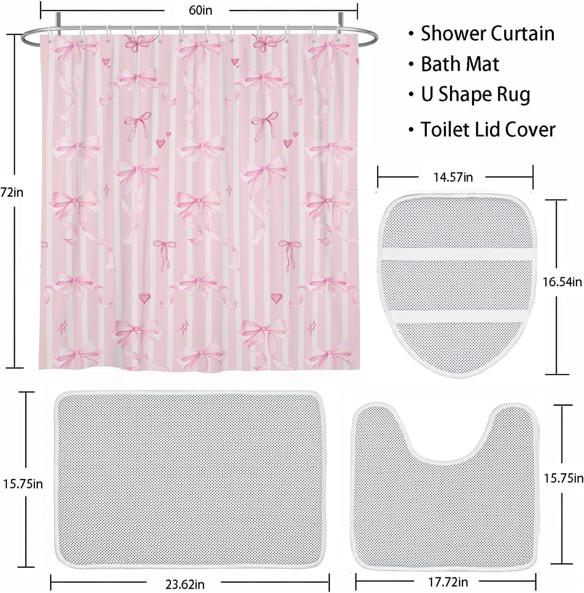 Pink Bow Shower Curtain Set Cute Fun Girls Girly Kids Preppy Princess Pastel Coquette Aesthetic Toilet Lid Cover U Shaped Bath Mat 4 Pcs Decor Bathroom Non-Slip Rug Fabric Polyester 60x72 Inch
