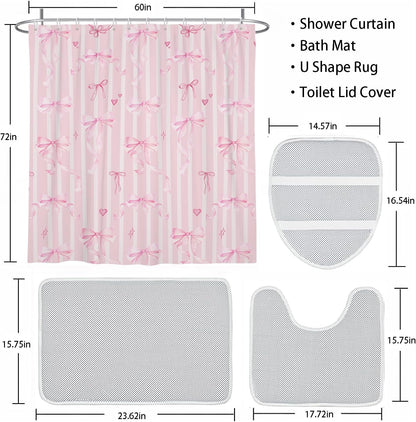 Pink Bow Shower Curtain Set Cute Fun Girls Girly Kids Preppy Princess Pastel Coquette Aesthetic Toilet Lid Cover U Shaped Bath Mat 4 Pcs Decor Bathroom Non-Slip Rug Fabric Polyester 60x72 Inch