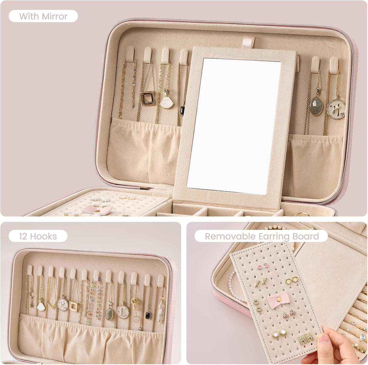 Travel Jewelry Case for Women Girls -Large, Pink