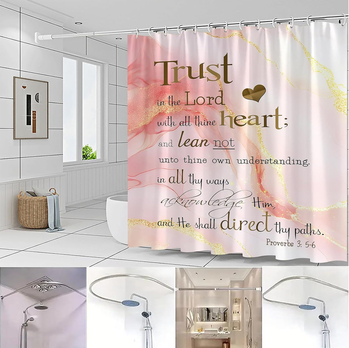 Inspirational Quote Shower Curtains Pink Marble Abstract Art 70 x 70 Inch