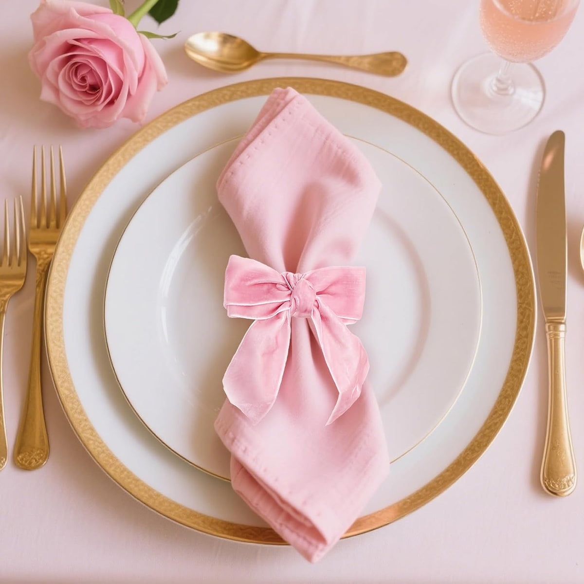 Christmas Bow Napkin Rings Set of 6 Pink Velvet Bow Napkin Holders for Christmas Eve New Year Party, Wedding,Brithday,Valentine's Day Gatherings & Home Daily Dinner Table Decor