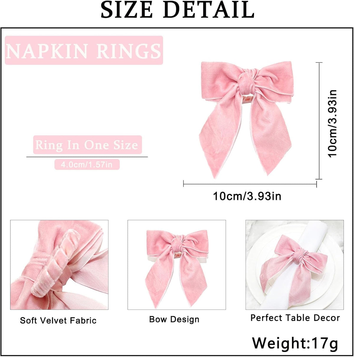 Christmas Bow Napkin Rings Set of 6 Pink Velvet Bow Napkin Holders for Christmas Eve New Year Party, Wedding,Brithday,Valentine's Day Gatherings & Home Daily Dinner Table Decor