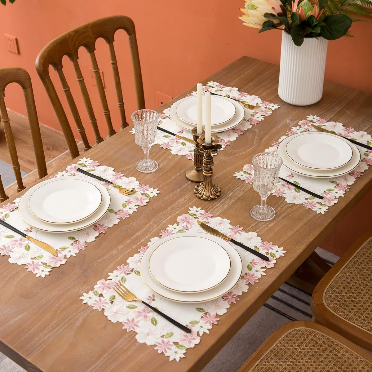 2pack Round lace Doilies,Yellow Blue Floral Cutwork Embroidered Placemats Vase Pads for Wedding Birthday Dinner Party Decor (17 * 11 inch, Pink Flower)