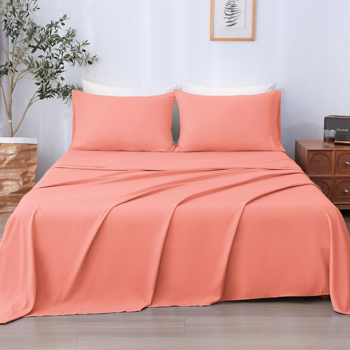 Queen Sheet Set 4 Pieces,Peachy Coral Ultra Soft & Breathable Microbifer Sheets, 1600 Thread Count Hotel Luxury Oeko-Tex Bed Sheets, 14-16 Inch Deep Pocket Durable Wrinkle Free Sheets