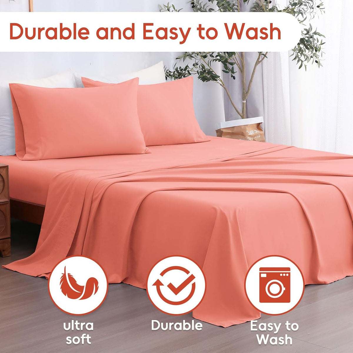 Queen Sheet Set 4 Pieces,Peachy Coral Ultra Soft & Breathable Microbifer Sheets, 1600 Thread Count Hotel Luxury Oeko-Tex Bed Sheets, 14-16 Inch Deep Pocket Durable Wrinkle Free Sheets