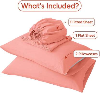 Queen Sheet Set 4 Pieces,Peachy Coral Ultra Soft & Breathable Microbifer Sheets, 1600 Thread Count Hotel Luxury Oeko-Tex Bed Sheets, 14-16 Inch Deep Pocket Durable Wrinkle Free Sheets