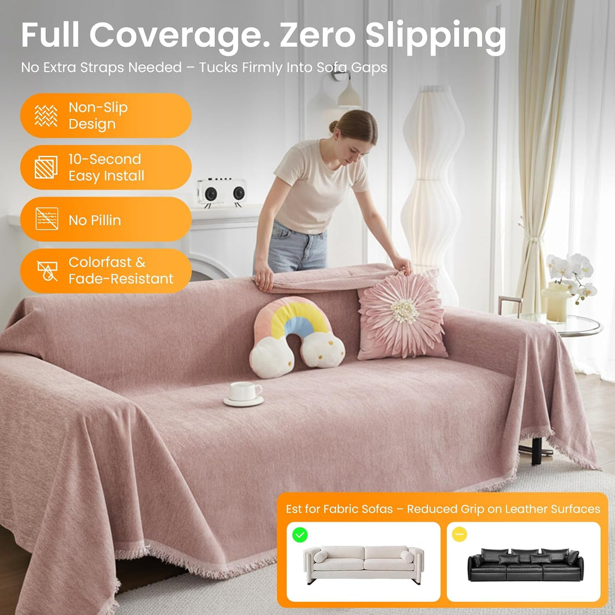 Couch Cover Blanket - Thick Chenille Sofa Cover Protector for Large Couch, Washable Slip Sofa Throw for Dogs, Pets, Cats, Chairs, Cushions & Sectional Seats (71 x 150, Light Pink)