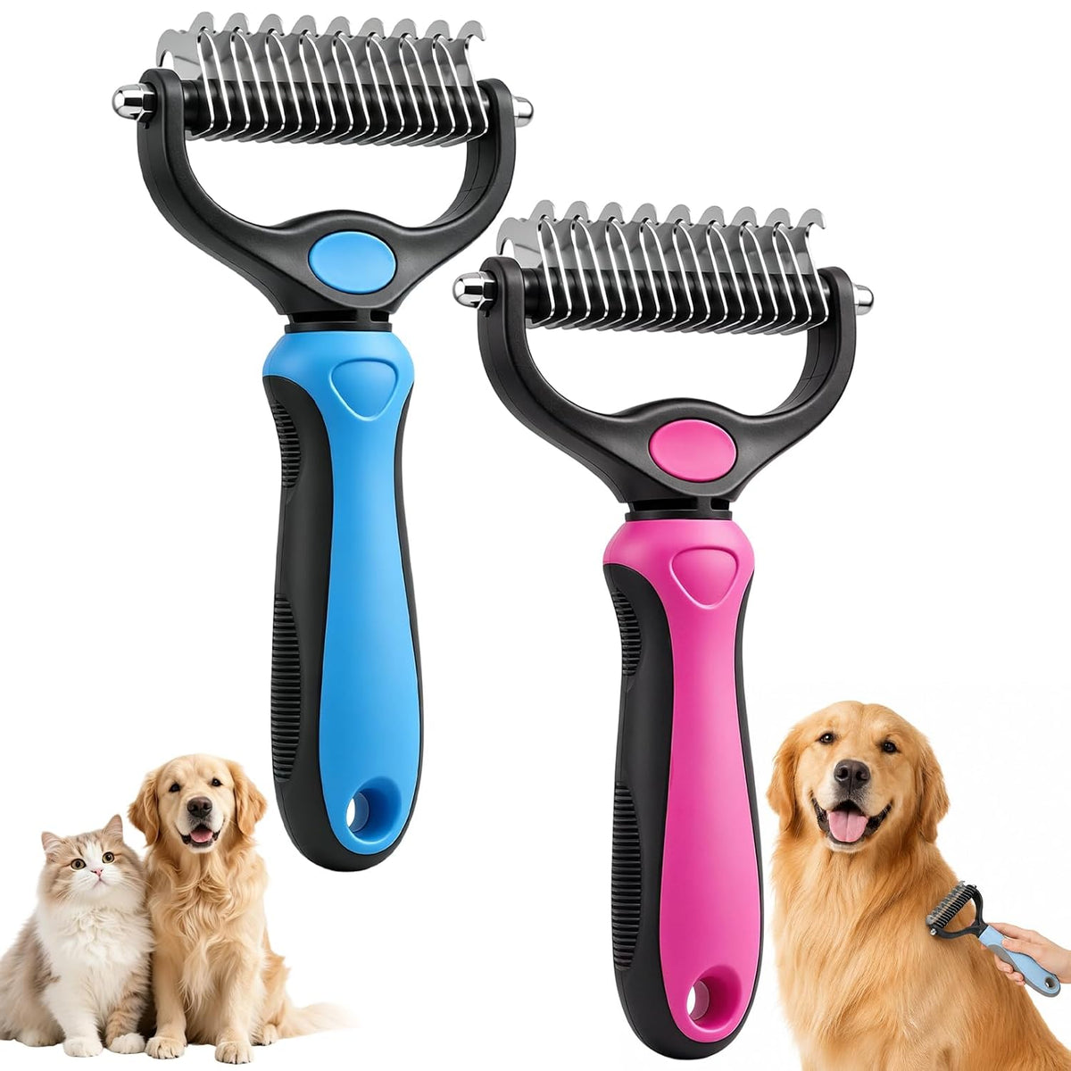 Deshedding Brush for Dogs and Cats,Undercoat Rake Pet Brush for Long Hair,Professional Deshedding Tool, Ideal For Medium Or Long Haired BreedsGrooming Tool for Thick Coats (Blue+Pink)