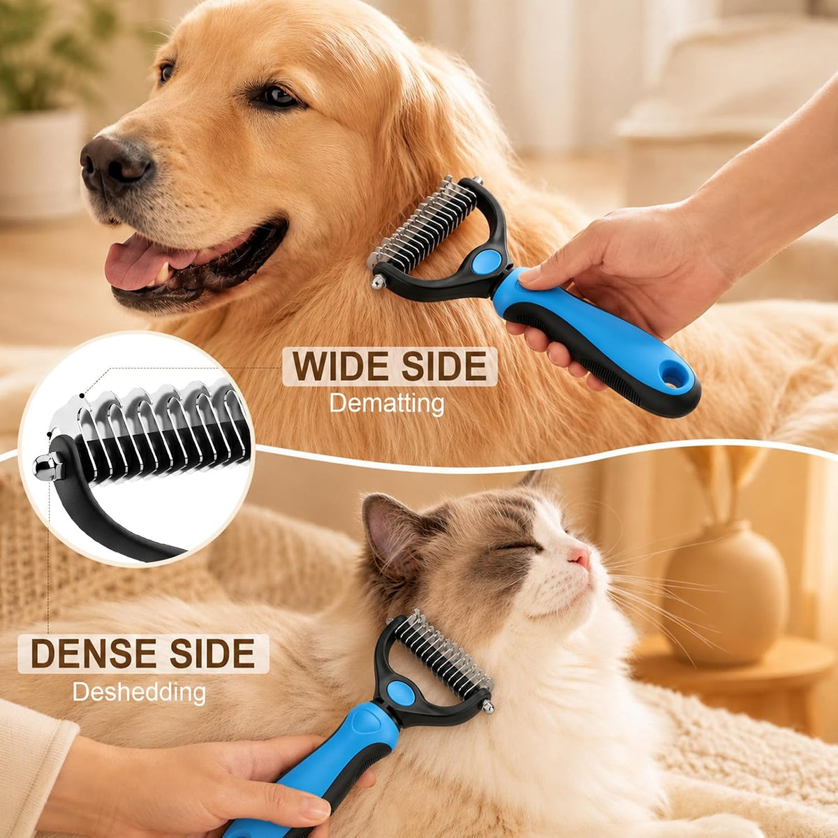Deshedding Brush for Dogs and Cats,Undercoat Rake Pet Brush for Long Hair,Professional Deshedding Tool, Ideal For Medium Or Long Haired BreedsGrooming Tool for Thick Coats (Blue+Pink)