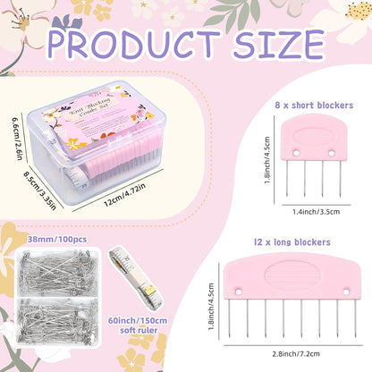 120 Pcs Knit Blocking Combs Pins Kit, 20Pcs Pink Color Knit Blockers Pins Kit, 100 T-pins for Blocking Knitting Crochet, Needlework Projects, Knitting Block Pins Tool for Blocking Mats