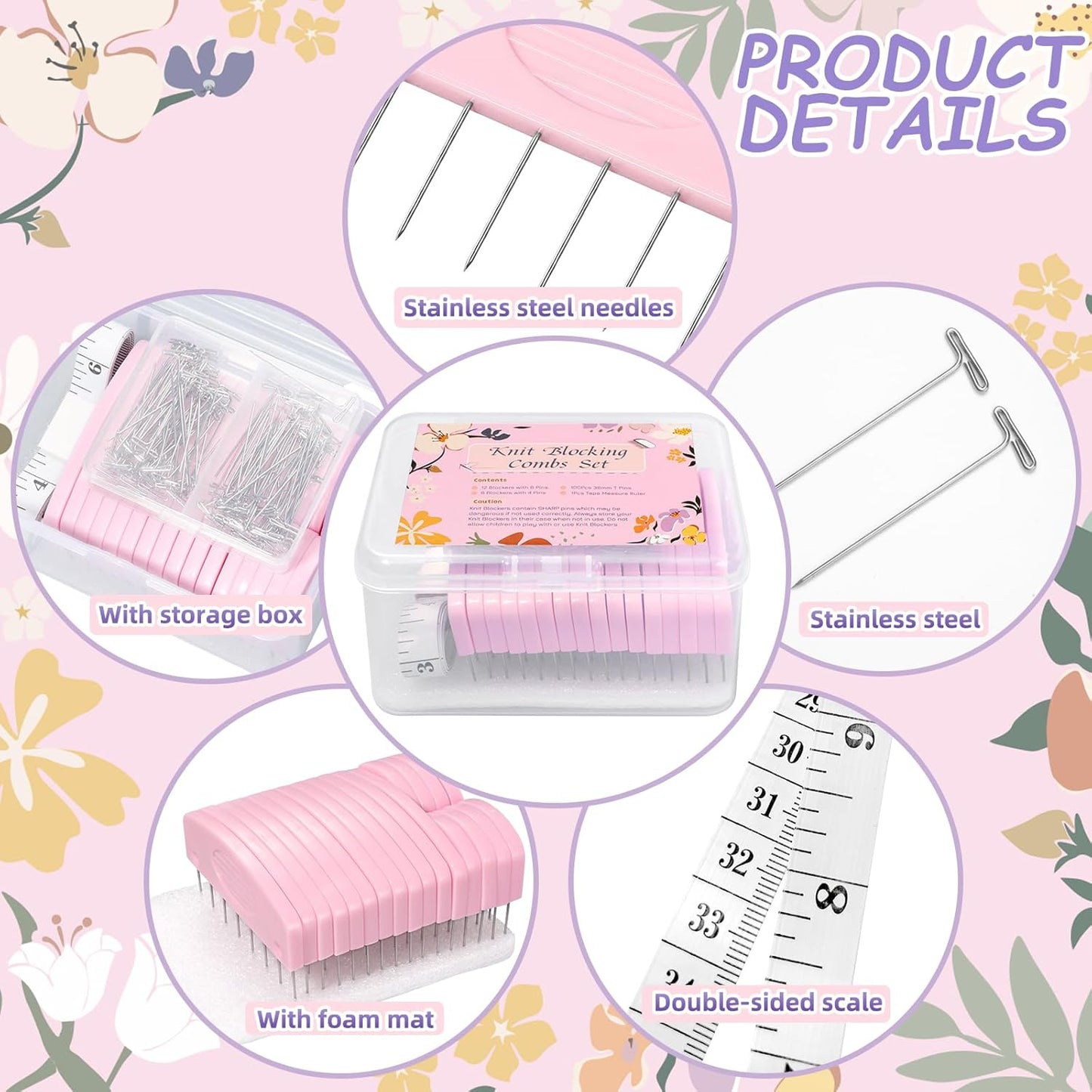 120 Pcs Knit Blocking Combs Pins Kit, 20Pcs Pink Color Knit Blockers Pins Kit, 100 T-pins for Blocking Knitting Crochet, Needlework Projects, Knitting Block Pins Tool for Blocking Mats