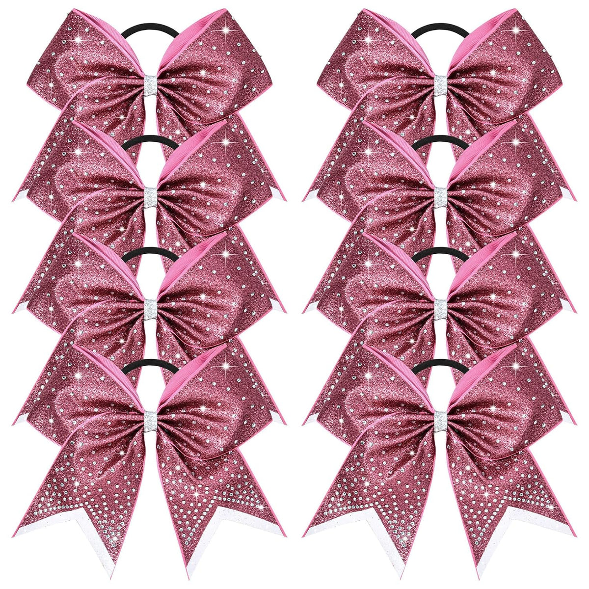 8PCS Glitter Cheer Bow Large Cheer Bows Rhinestones Hair Bows Girls 8"Cheerleading Bows Bulk Elastic Band Ponytail Holder for Teen Girls College Sports Competition Pink