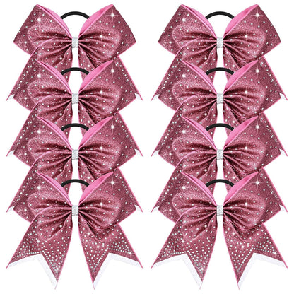 8PCS Glitter Cheer Bow Large Cheer Bows Rhinestones Hair Bows Girls 8"Cheerleading Bows Bulk Elastic Band Ponytail Holder for Teen Girls College Sports Competition Pink