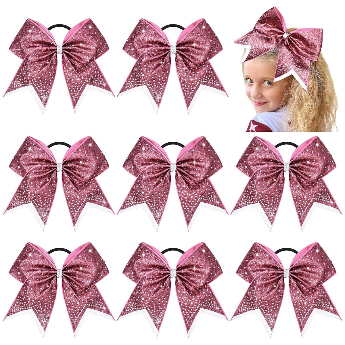 8PCS Glitter Cheer Bow Large Cheer Bows Rhinestones Hair Bows Girls 8"Cheerleading Bows Bulk Elastic Band Ponytail Holder for Teen Girls College Sports Competition Pink