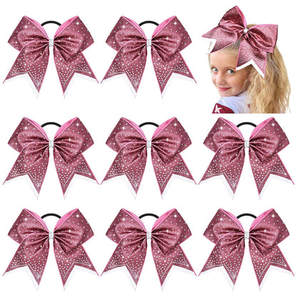 8PCS Glitter Cheer Bow Large Cheer Bows Rhinestones Hair Bows Girls 8"Cheerleading Bows Bulk Elastic Band Ponytail Holder for Teen Girls College Sports Competition Pink