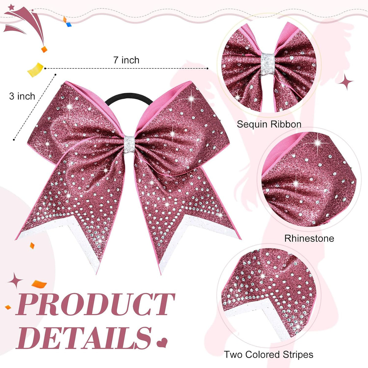 8PCS Glitter Cheer Bow Large Cheer Bows Rhinestones Hair Bows Girls 8"Cheerleading Bows Bulk Elastic Band Ponytail Holder for Teen Girls College Sports Competition Pink