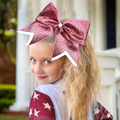 8PCS Glitter Cheer Bow Large Cheer Bows Rhinestones Hair Bows Girls 8"Cheerleading Bows Bulk Elastic Band Ponytail Holder for Teen Girls College Sports Competition Pink