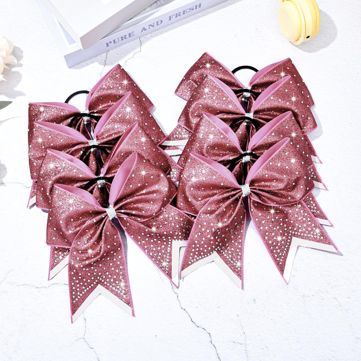 8PCS Glitter Cheer Bow Large Cheer Bows Rhinestones Hair Bows Girls 8"Cheerleading Bows Bulk Elastic Band Ponytail Holder for Teen Girls College Sports Competition Pink