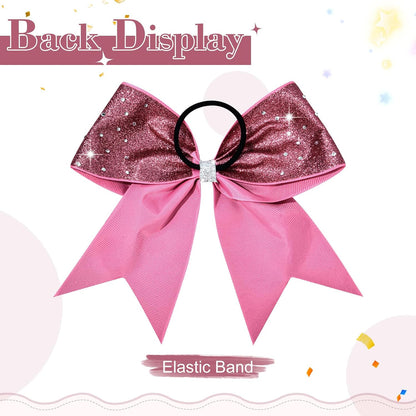 8PCS Glitter Cheer Bow Large Cheer Bows Rhinestones Hair Bows Girls 8"Cheerleading Bows Bulk Elastic Band Ponytail Holder for Teen Girls College Sports Competition Pink