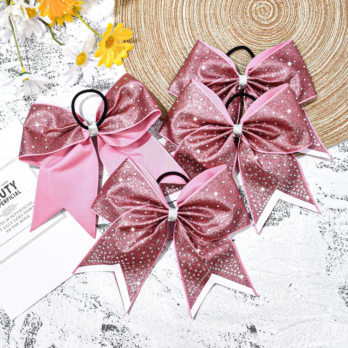 8PCS Glitter Cheer Bow Large Cheer Bows Rhinestones Hair Bows Girls 8"Cheerleading Bows Bulk Elastic Band Ponytail Holder for Teen Girls College Sports Competition Pink