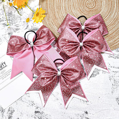 8PCS Glitter Cheer Bow Large Cheer Bows Rhinestones Hair Bows Girls 8"Cheerleading Bows Bulk Elastic Band Ponytail Holder for Teen Girls College Sports Competition Pink