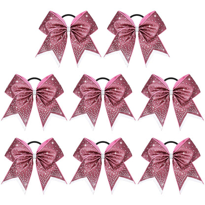 8PCS Glitter Cheer Bow Large Cheer Bows Rhinestones Hair Bows Girls 8"Cheerleading Bows Bulk Elastic Band Ponytail Holder for Teen Girls College Sports Competition Pink