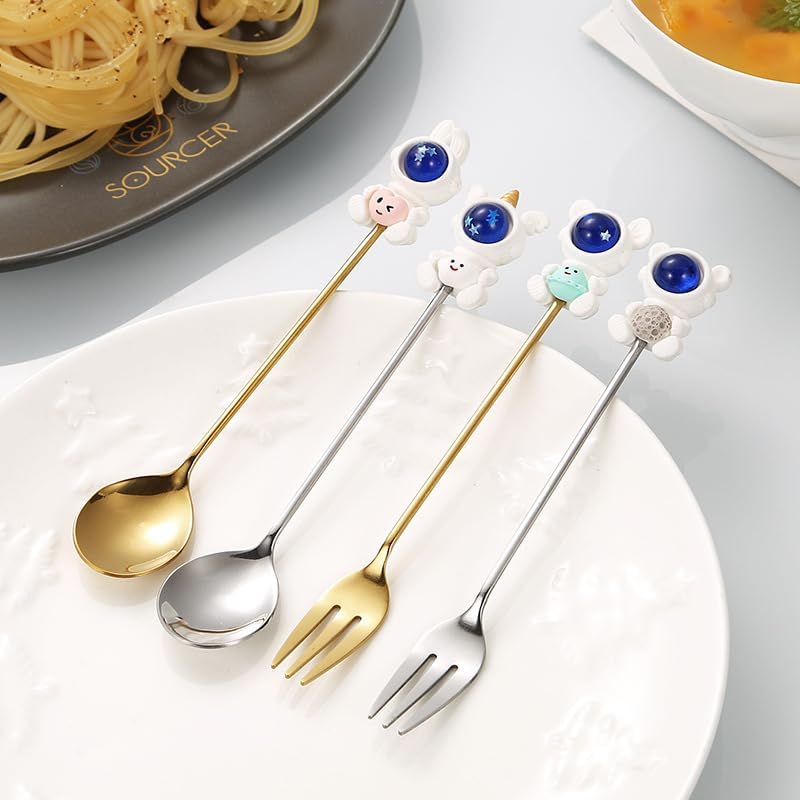 Silverware Set, 1/4/6/8pcs Creative Stainless Steel Spoon Dessert Spoon Cartoon Coffee Spoon Wedding Souvenir Tableware, Home Flatware Set(Pink,4 Pieces)