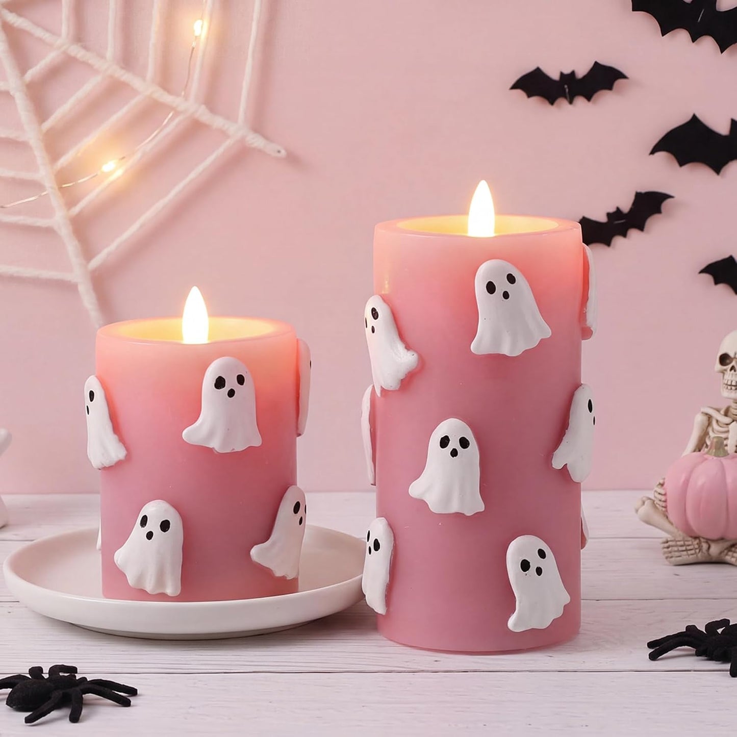 Pink Halloween Flameless Candles 3D Ghost LED Candle with Remote and Timer Spooky Boo Halloween Table Indoor Decor Gifts