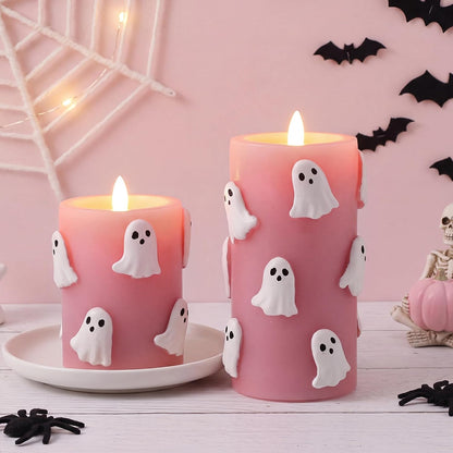 Pink Halloween Flameless Candles 3D Ghost LED Candle with Remote and Timer Spooky Boo Halloween Table Indoor Decor Gifts