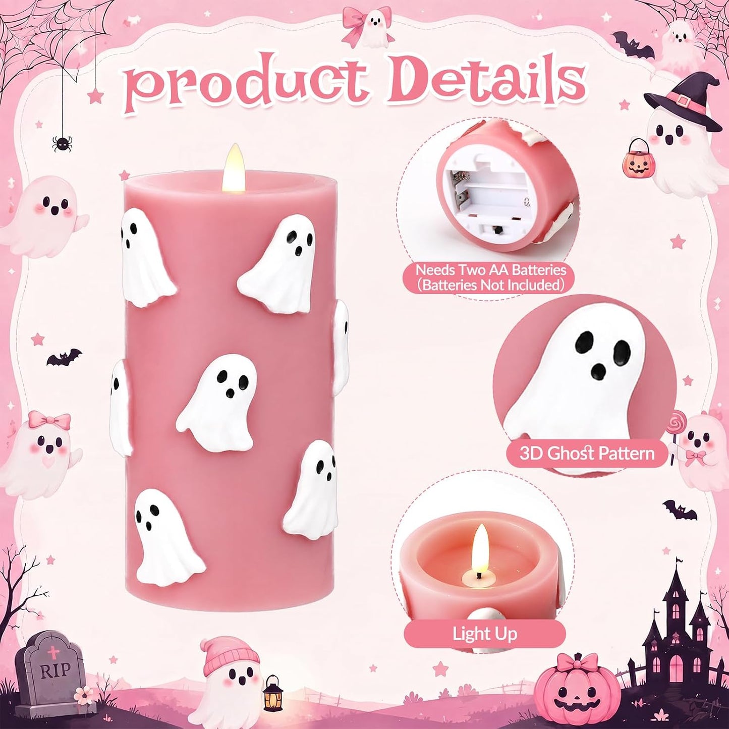 Pink Halloween Flameless Candles 3D Ghost LED Candle with Remote and Timer Spooky Boo Halloween Table Indoor Decor Gifts