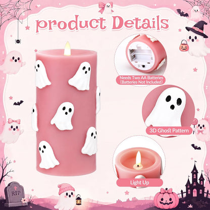 Pink Halloween Flameless Candles 3D Ghost LED Candle with Remote and Timer Spooky Boo Halloween Table Indoor Decor Gifts