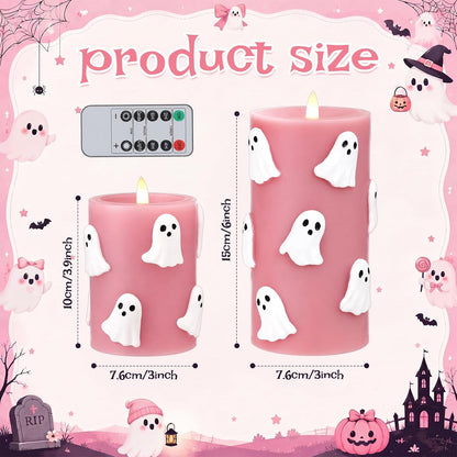 Pink Halloween Flameless Candles 3D Ghost LED Candle with Remote and Timer Spooky Boo Halloween Table Indoor Decor Gifts