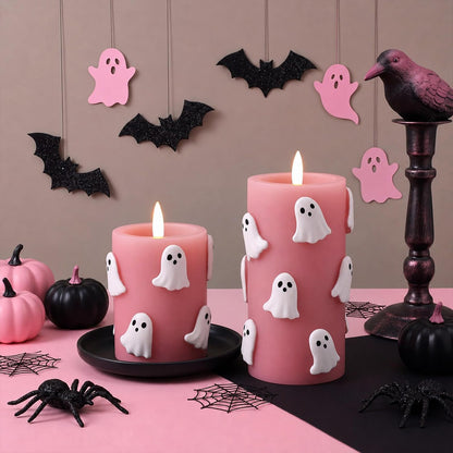 Pink Halloween Flameless Candles 3D Ghost LED Candle with Remote and Timer Spooky Boo Halloween Table Indoor Decor Gifts